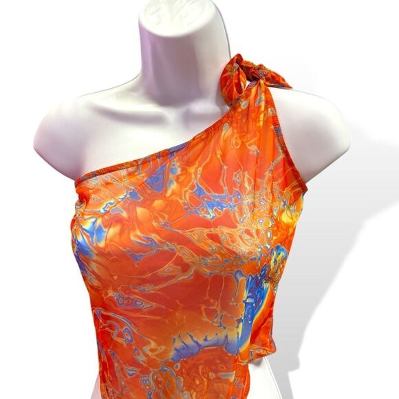 Dolls Kill X Rxch Orange Splash Mesh Thong Hyperpigmented One Shoulder Bodysuit - Picture 4 of 5